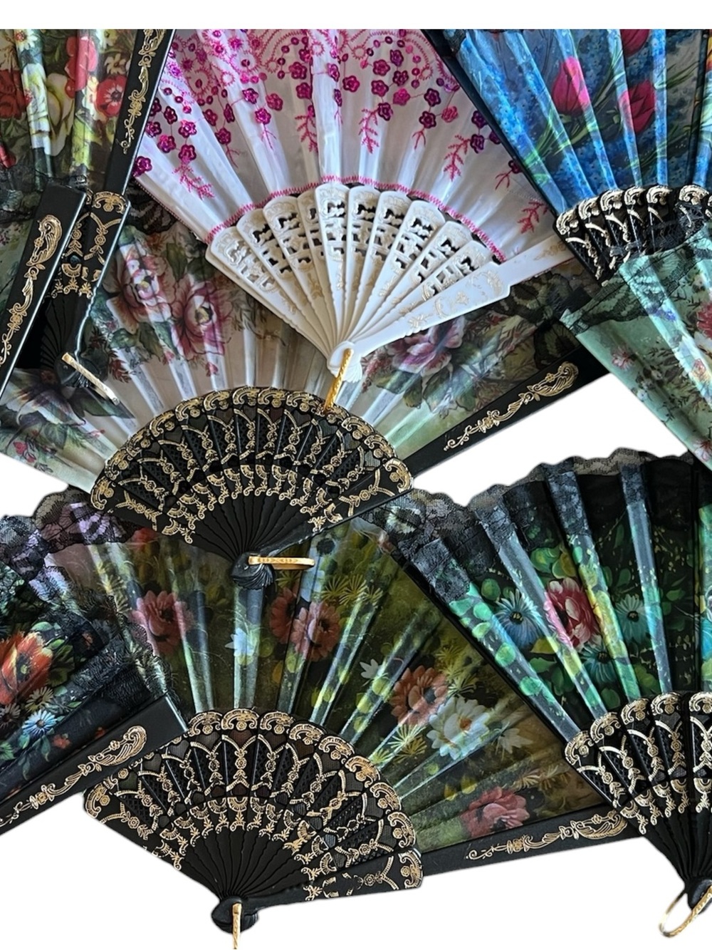 10 Lace Hand Fan with Multicolor Floral Fabric - Picture 9 of 12